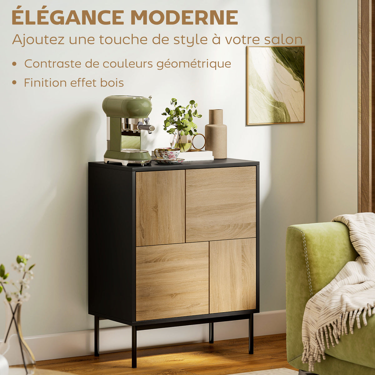 Buffet compact bois naturel et noir – 4 compartiments-4