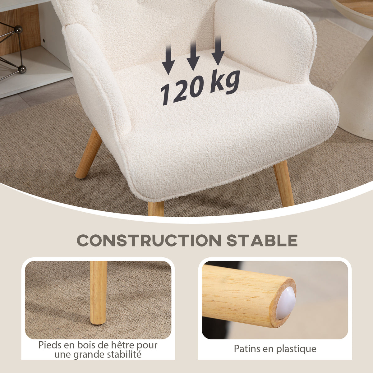 Fauteuil bouclette capitonné blanc crème – Isla