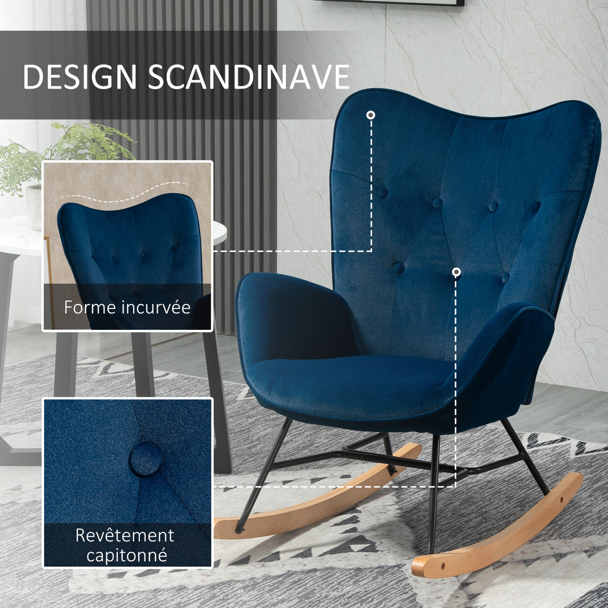 Fauteuil à bascule en velours bleu-3