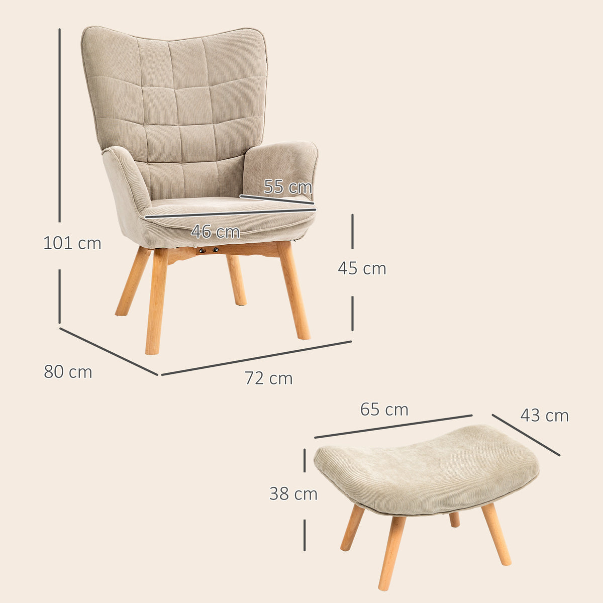 Fauteuil avec repose-pieds en velours côtelé marron clair – Alba
