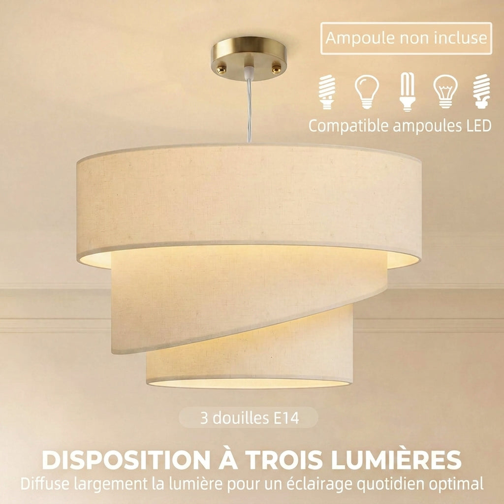 Suspension 3 abat-jour effet lin beige et doré – Solène-4