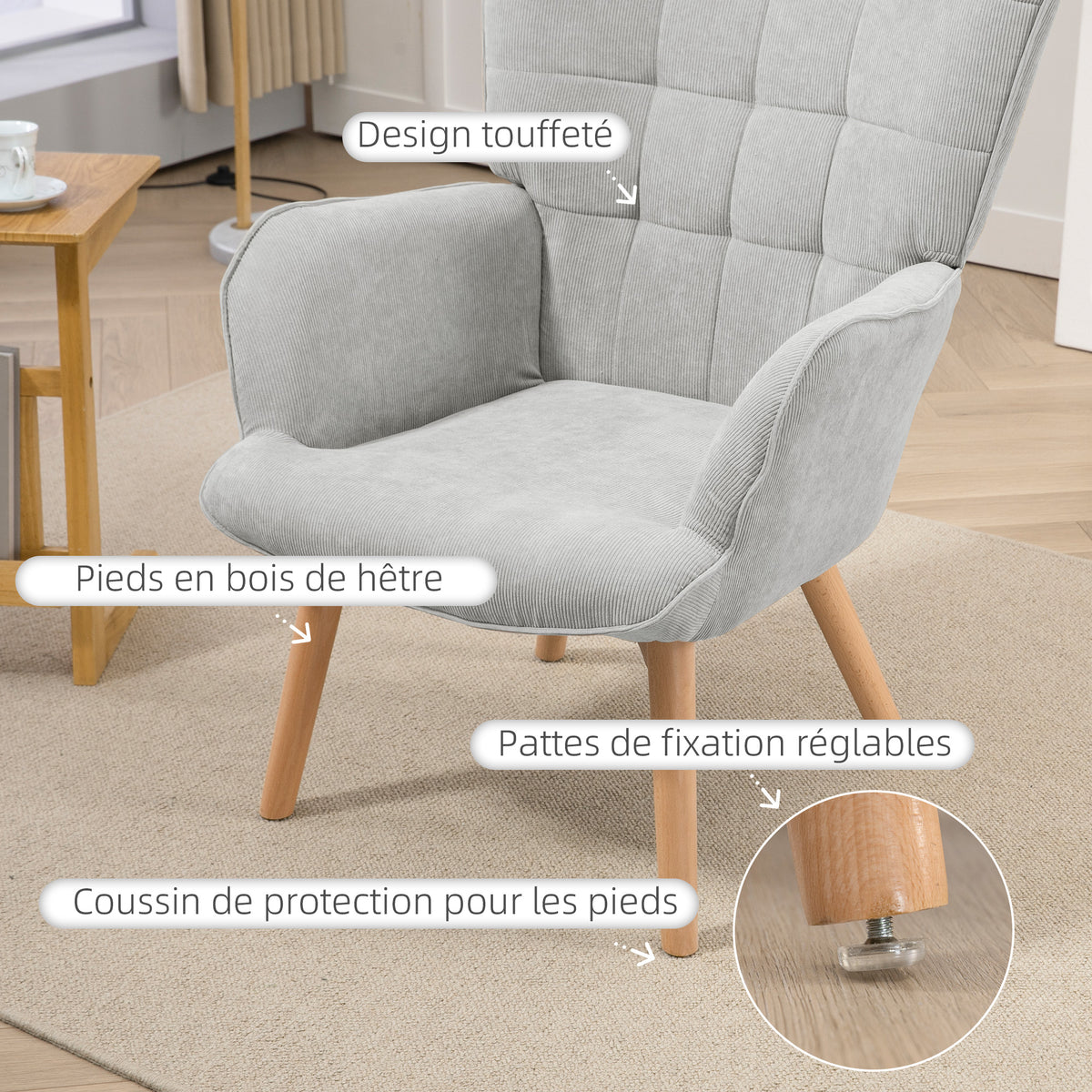 Fauteuil relax gris avec repose-pieds en velours côtelé - Alba