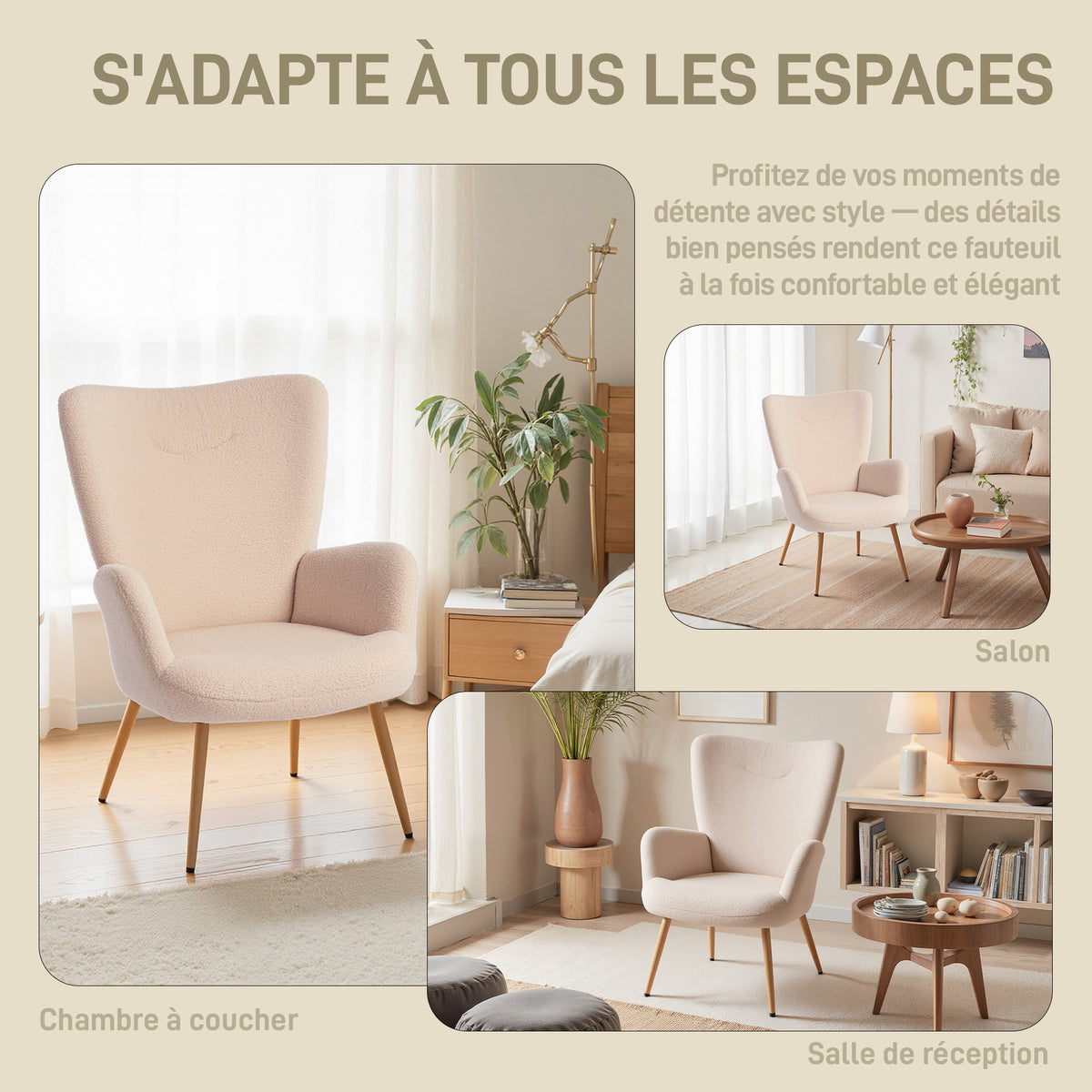 Fauteuil de salon en tissu bouclette beige-5