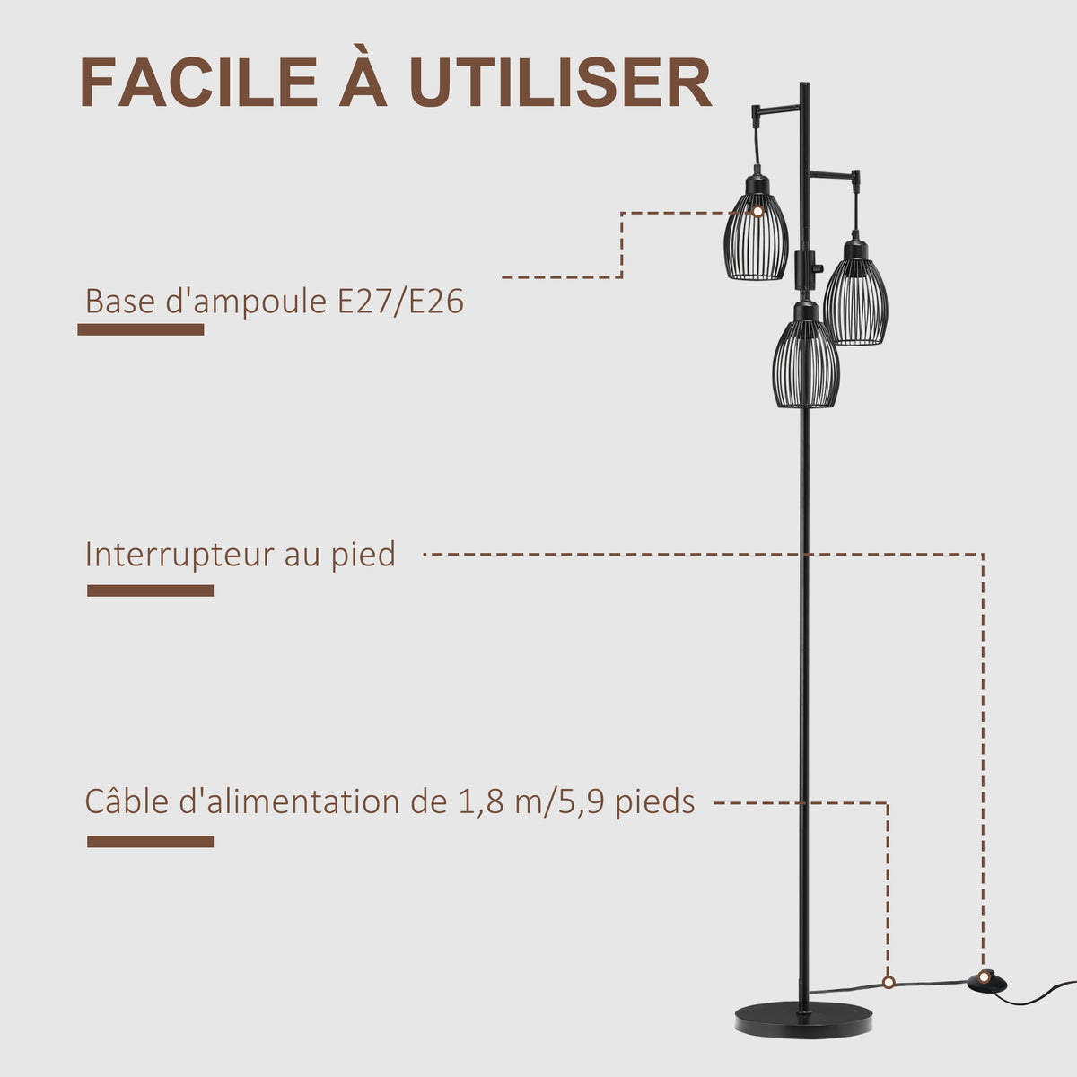 Lampadaire industriel noir à 3 abat-jours filaires-5