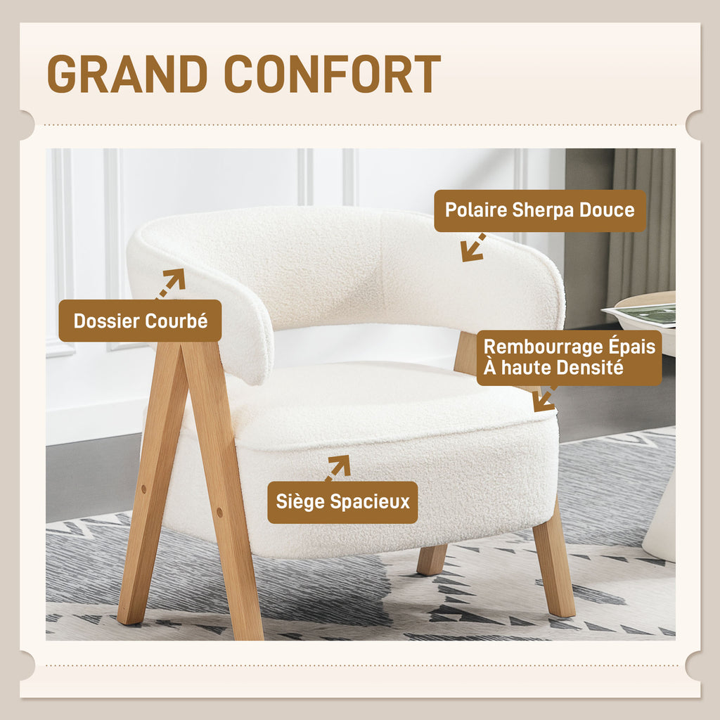 Fauteuil de salon en tissu bouclette blanc et bois – Noéa