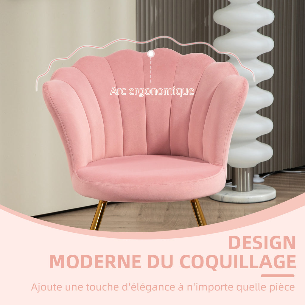 Fauteuil coquillage rose en velours et métal doré-5