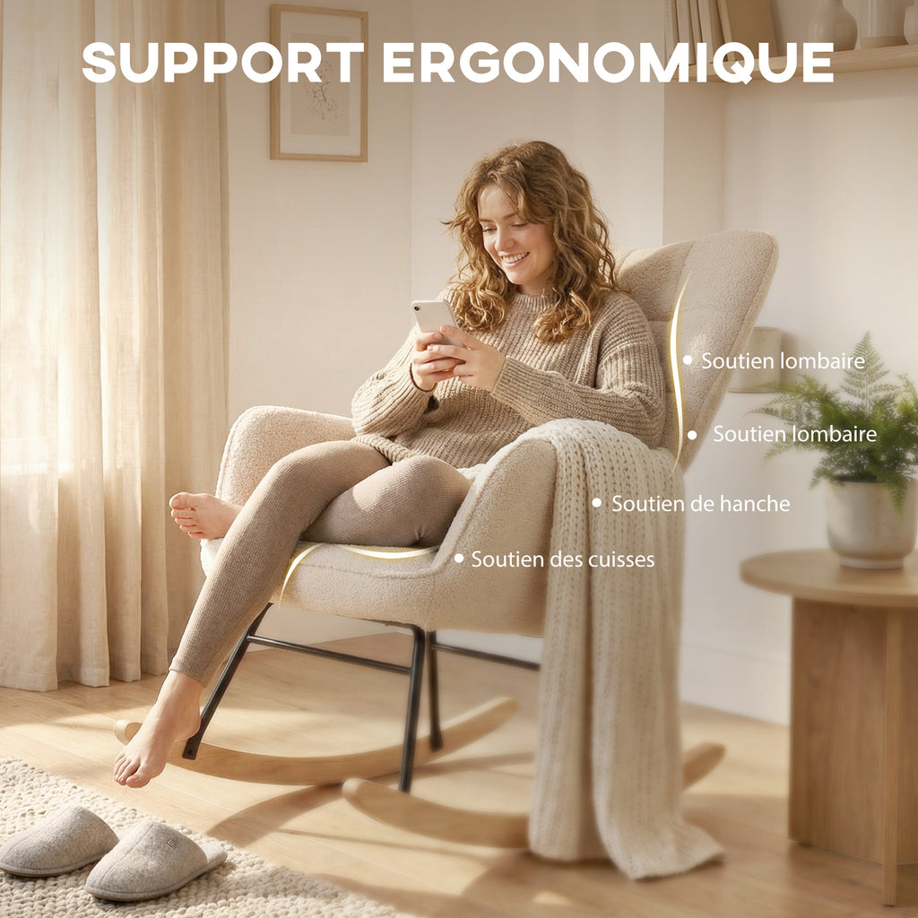 Fauteuil à bascule rocking chair revêtement effet laine bouclée, structure en acier 71 x 98 x 101 cm beige-4