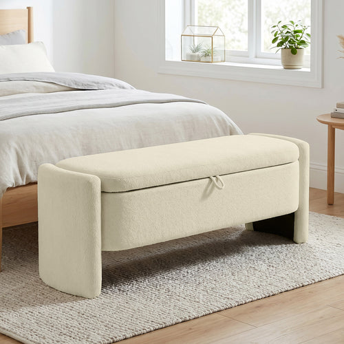 Banc coffre bout de lit en tissu bouclette crème-1