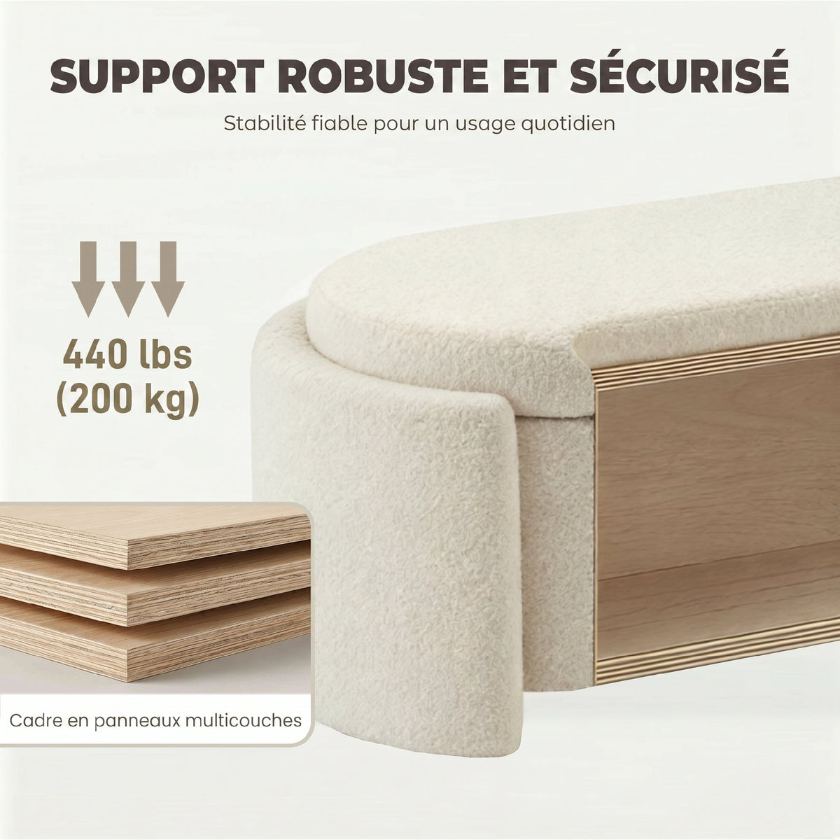 Banc coffre bout de lit en tissu Teddy crème – 129 cm-6