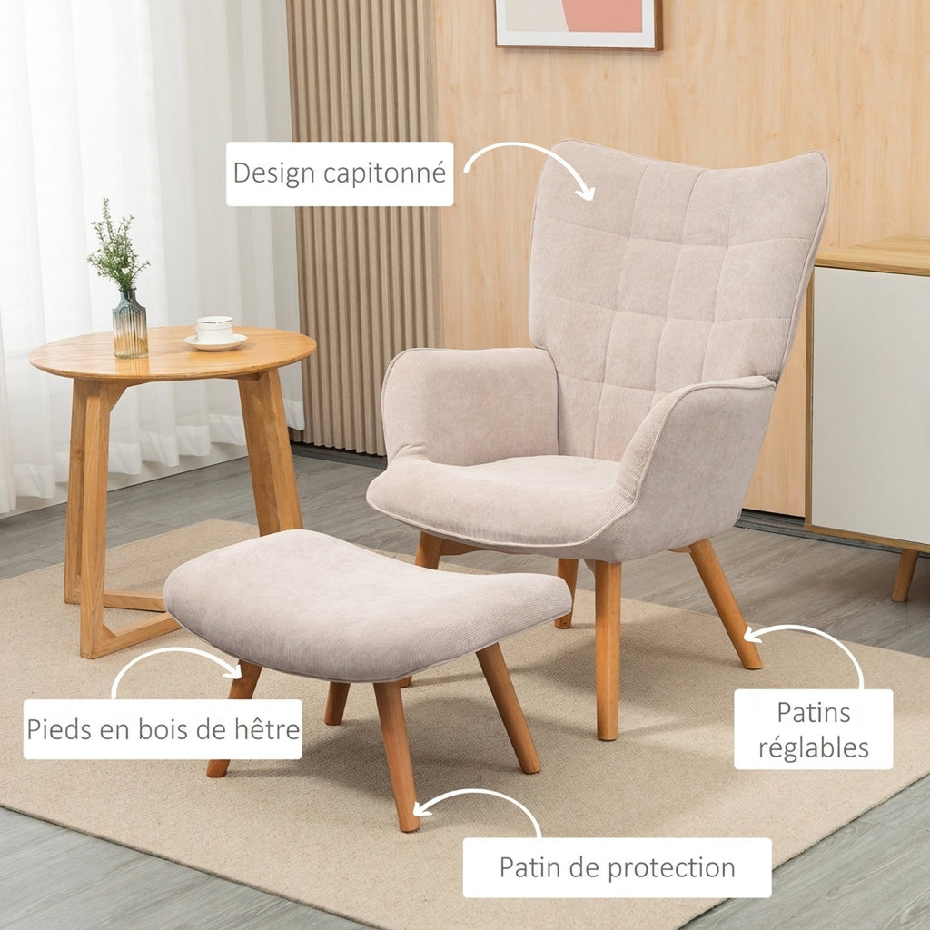 Fauteuil avec repose pied, dossier haut, pieds en bois et tissu aspect velours côtelé, pour salon chambre à coucher beige-4