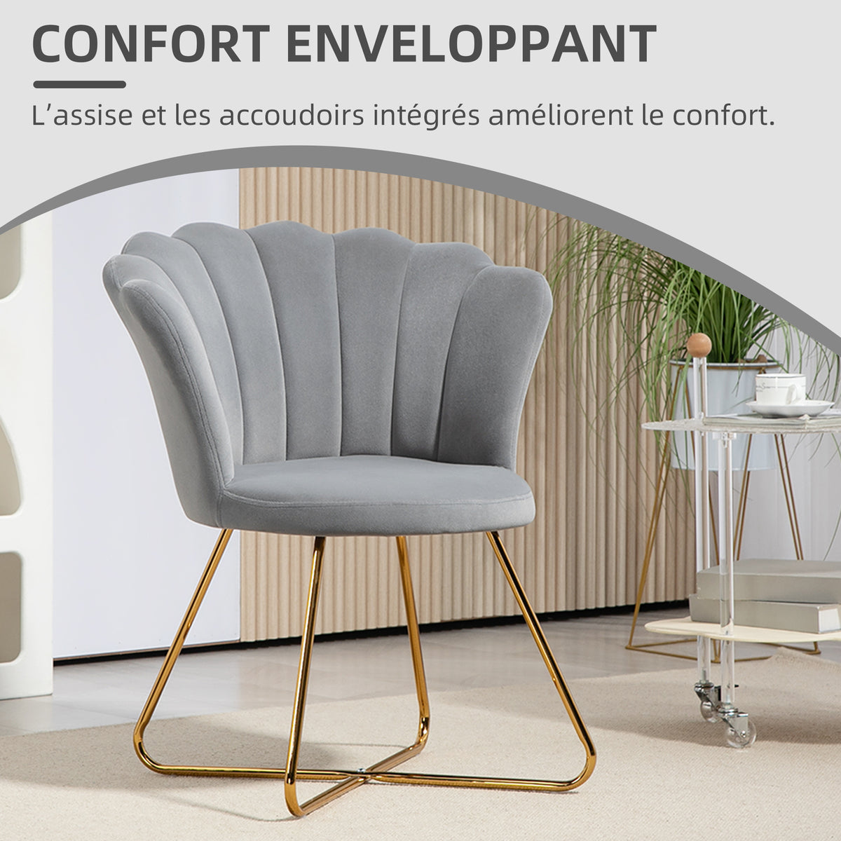 Fauteuil coquillage gris et doré – Élina