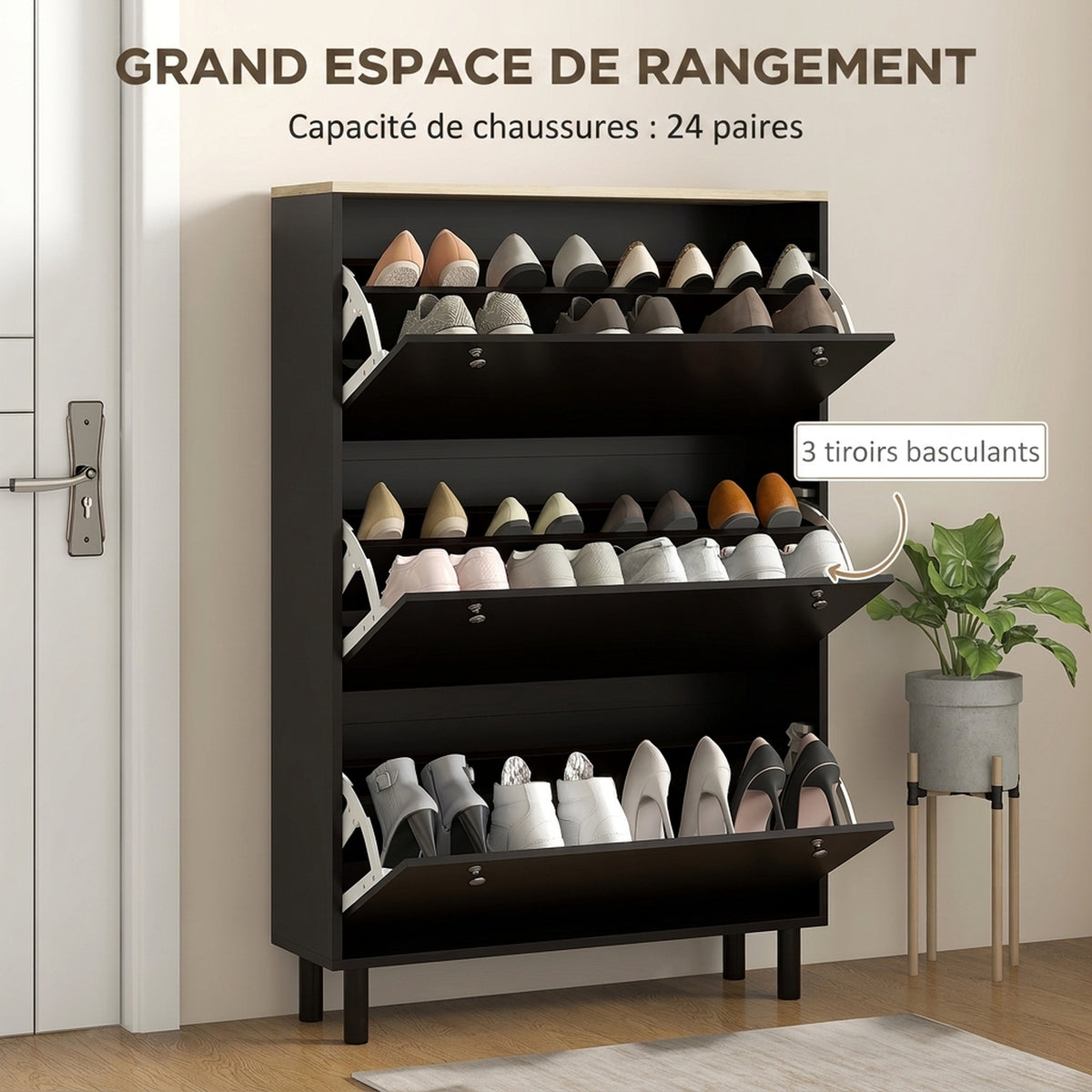 Meuble à chaussures noir et chêne 24 paires – Noma-3