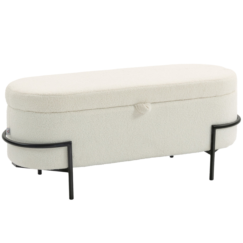 Banc coffre de rangement en tissu bouclette crème – 114,5 cm-0