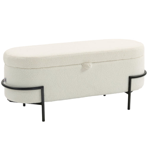 Banc coffre de rangement en tissu bouclette crème – 114,5 cm-0