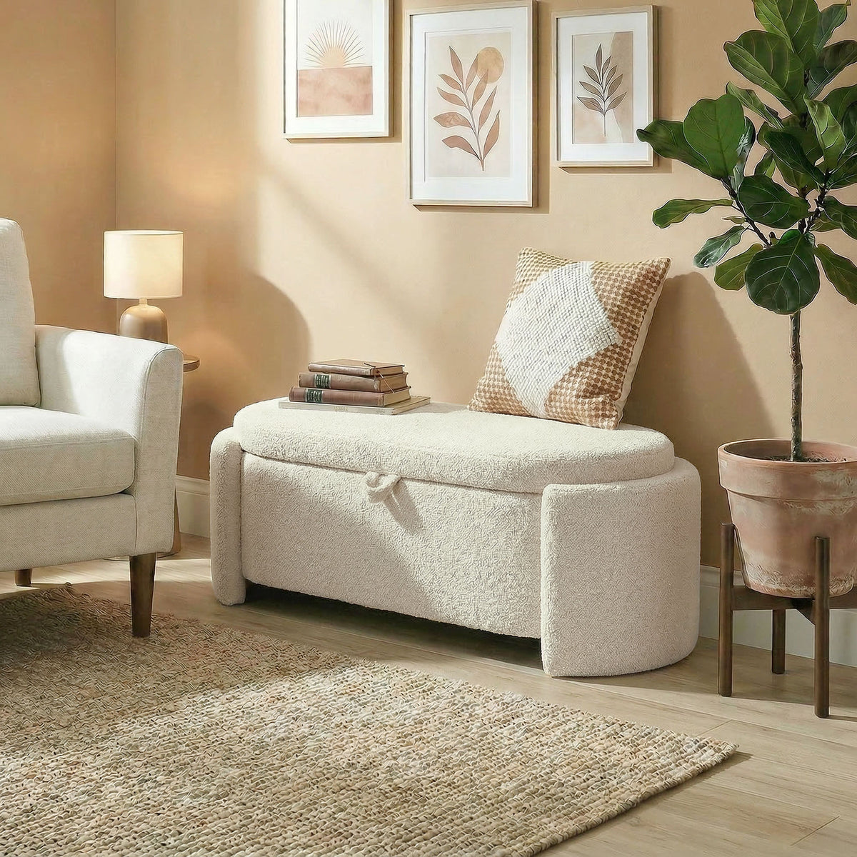 Banc coffre bout de lit en tissu Teddy crème – 129 cm-7