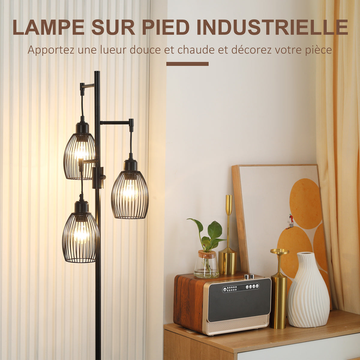 Lampadaire industriel noir à 3 abat-jours filaires-4