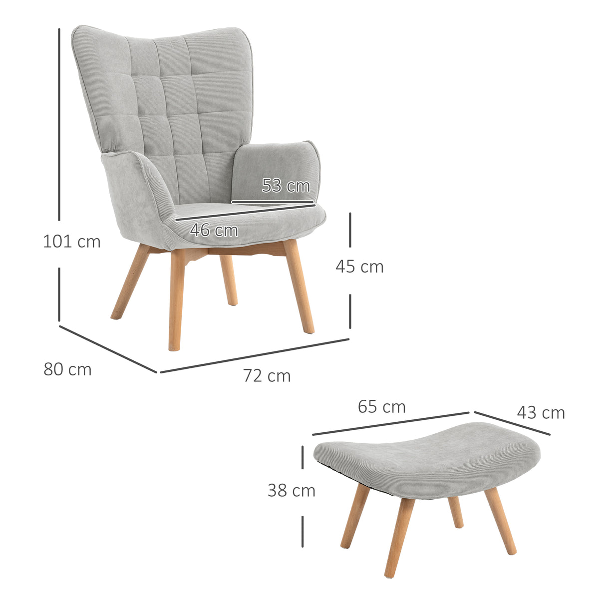 Fauteuil relax gris avec repose-pieds en velours côtelé - Alba