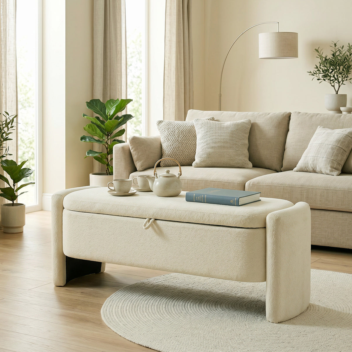 Banc coffre bout de lit en tissu bouclette crème-8