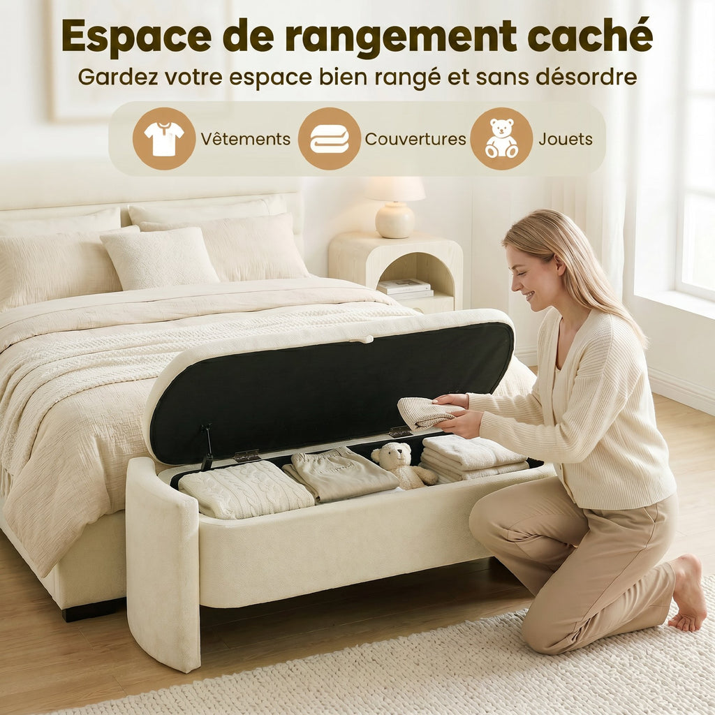 Banc coffre bout de lit en tissu bouclette crème-4