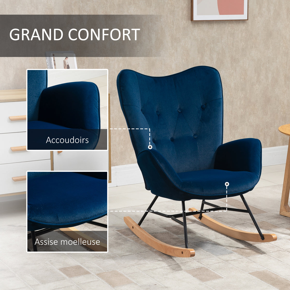 Fauteuil à bascule en velours bleu-5