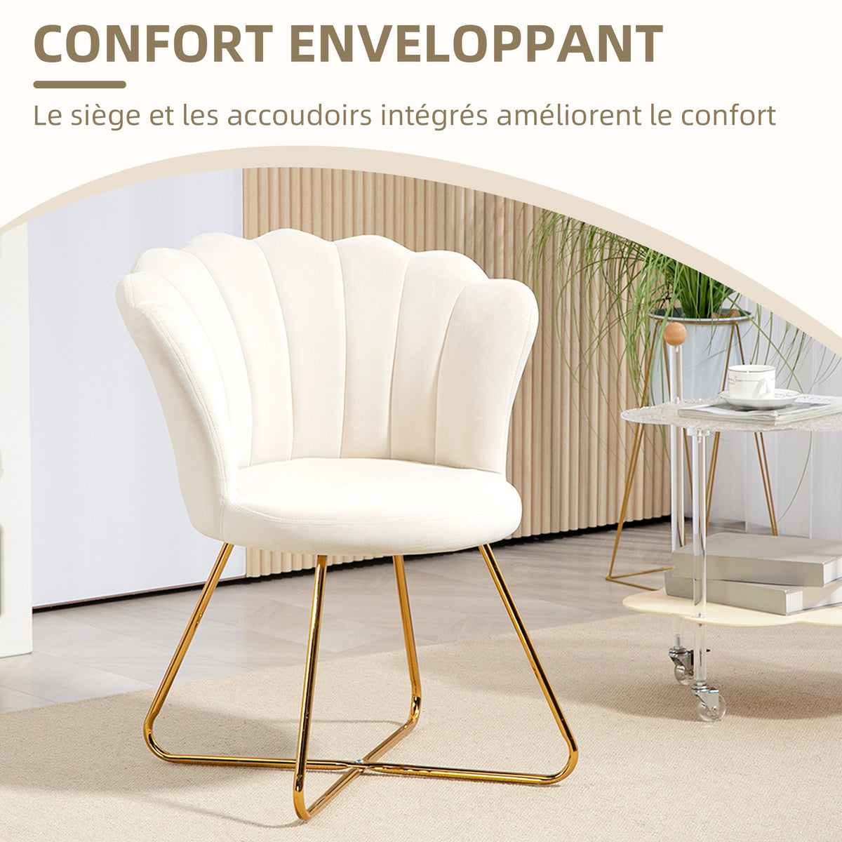 Fauteuil coquillage blanc crème et doré – Élina