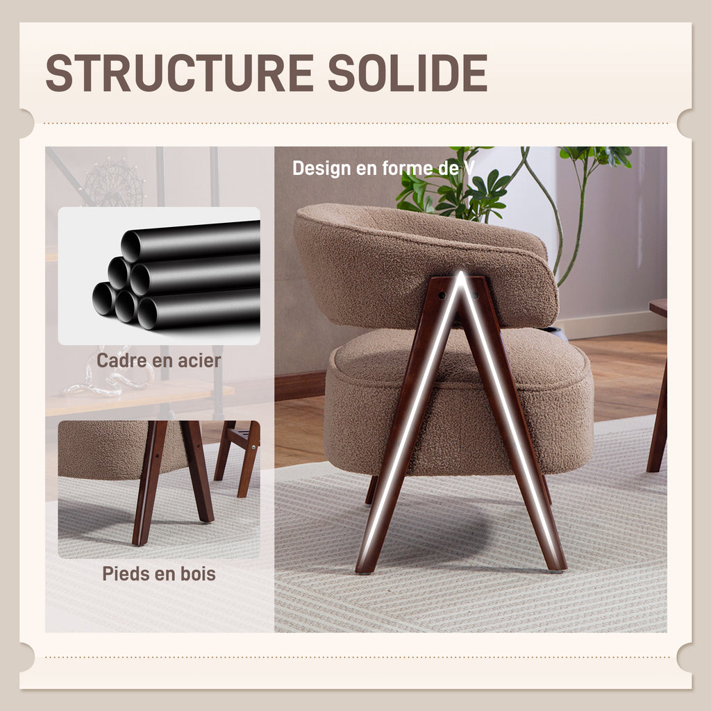 Fauteuil de salon en tissu bouclette marron et bois – Noéa