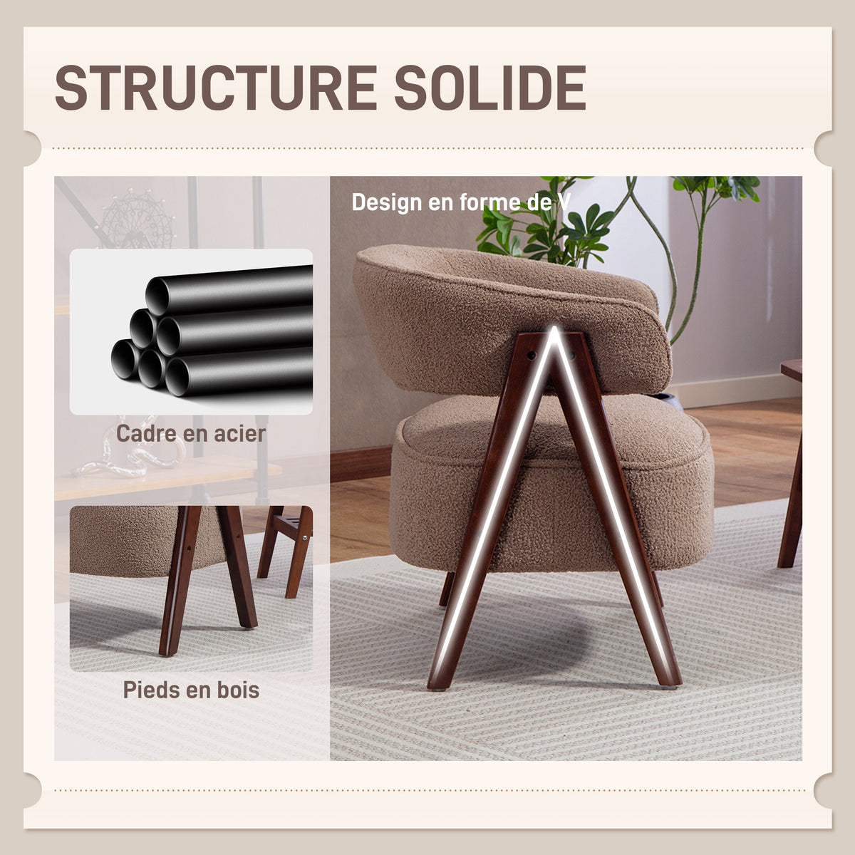 Fauteuil de salon en tissu bouclette marron et bois – Noéa