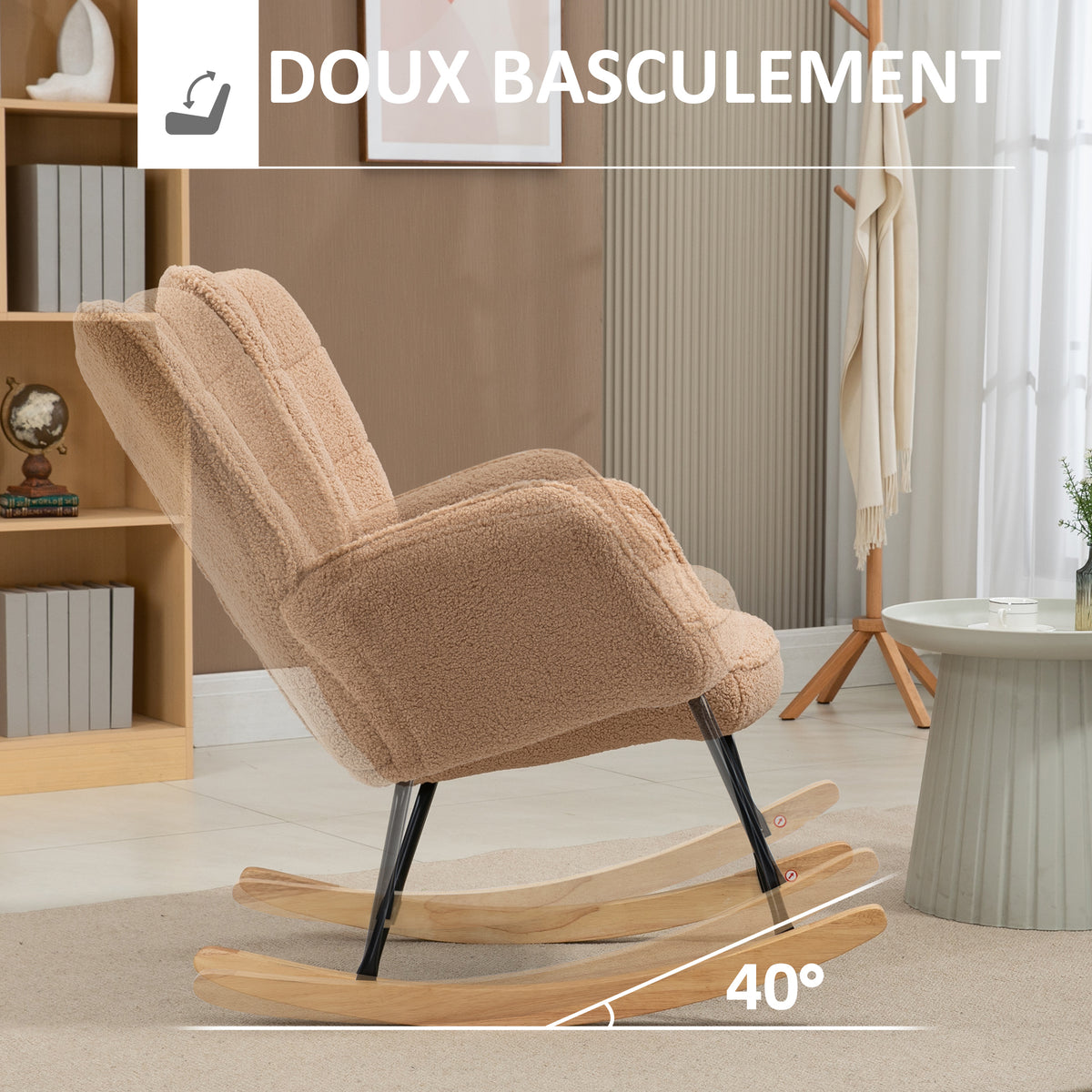 Fauteuil à bascule rocking chair revêtement effet laine bouclée, structure en acier 71 x 98 x 101 cm marron-3