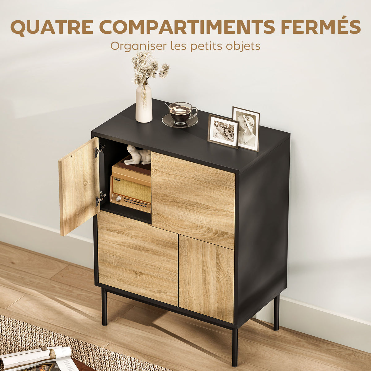 Buffet compact bois naturel et noir – 4 compartiments-3