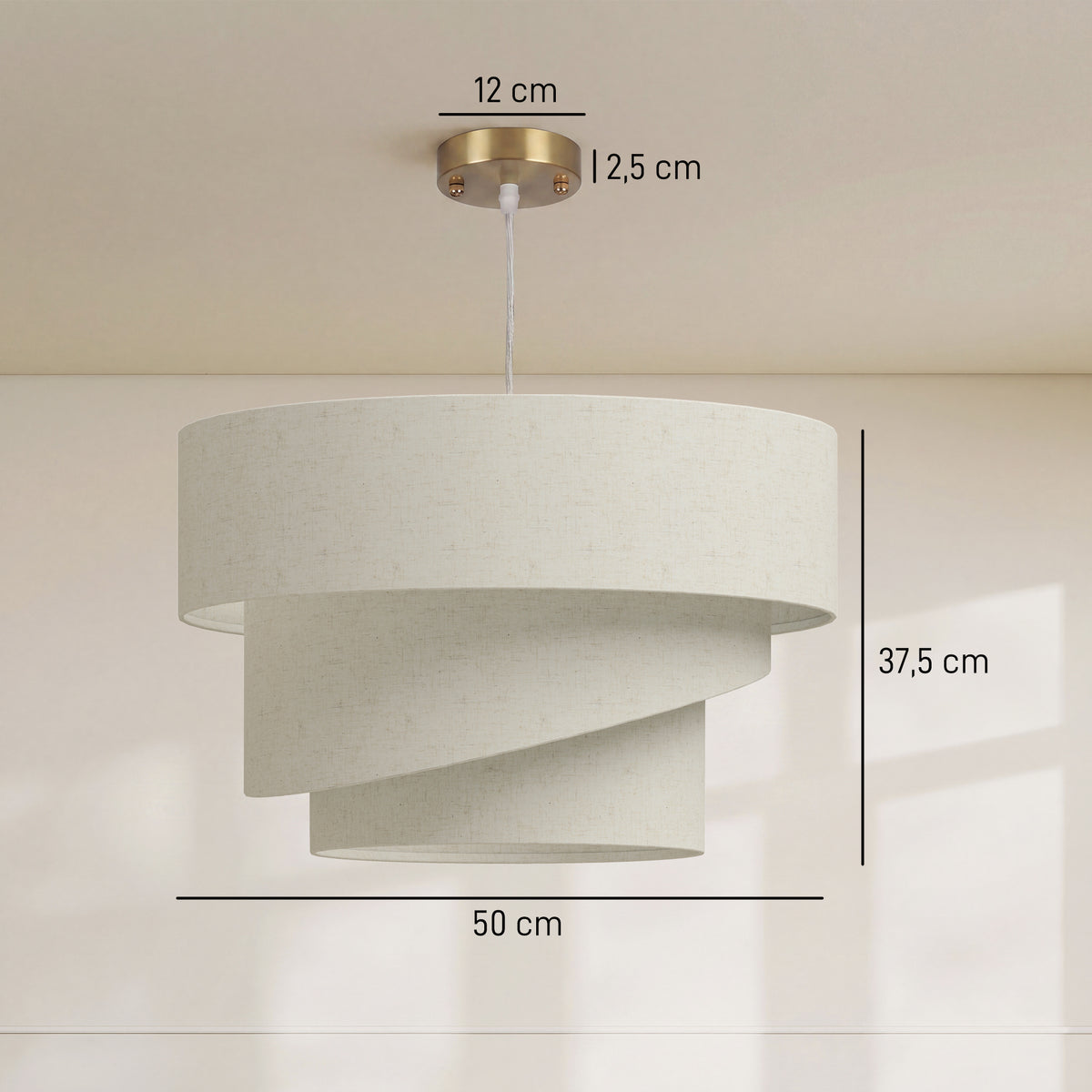Suspension 3 abat-jour effet lin beige et doré – Solène-2