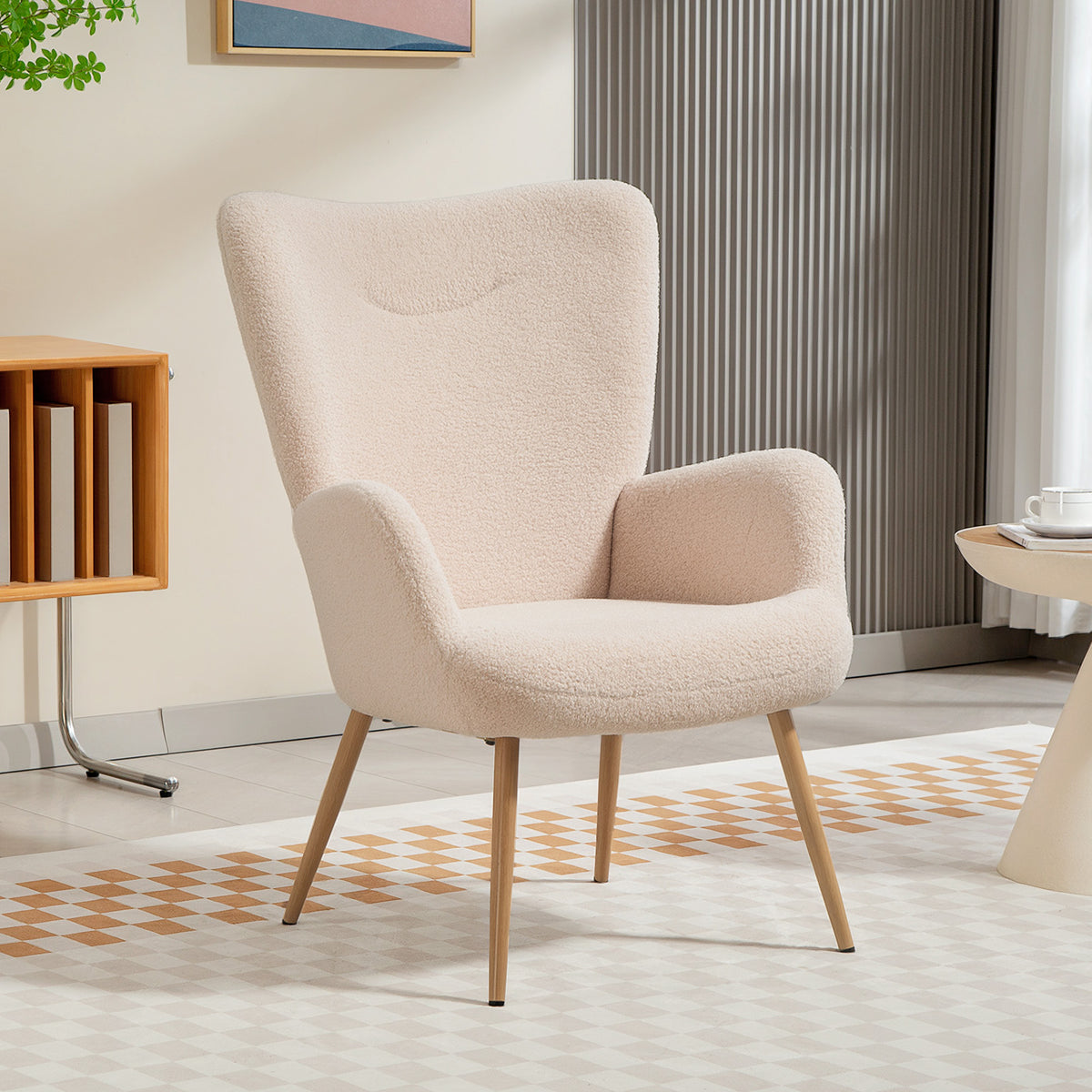 Fauteuil de salon en tissu bouclette beige-1