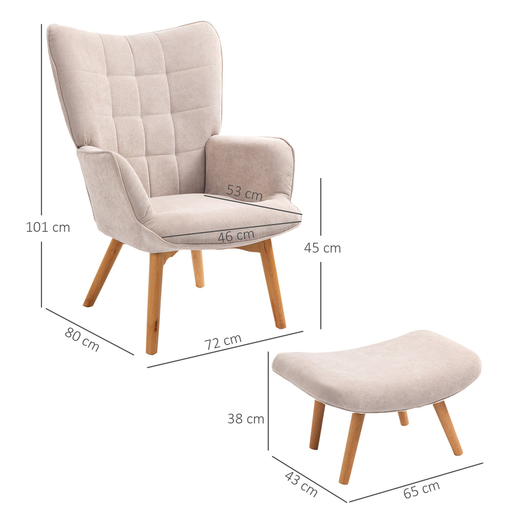 Fauteuil avec repose pied, dossier haut, pieds en bois et tissu aspect velours côtelé, pour salon chambre à coucher beige-2
