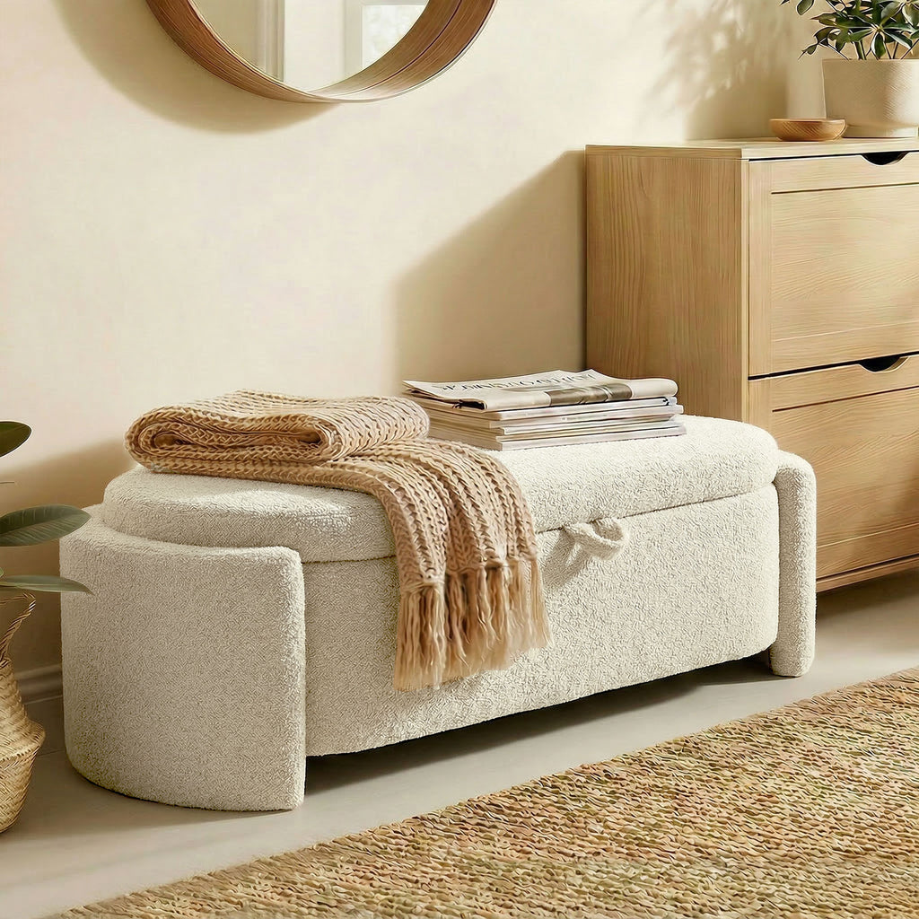 Banc coffre bout de lit en tissu Teddy crème – 129 cm-8