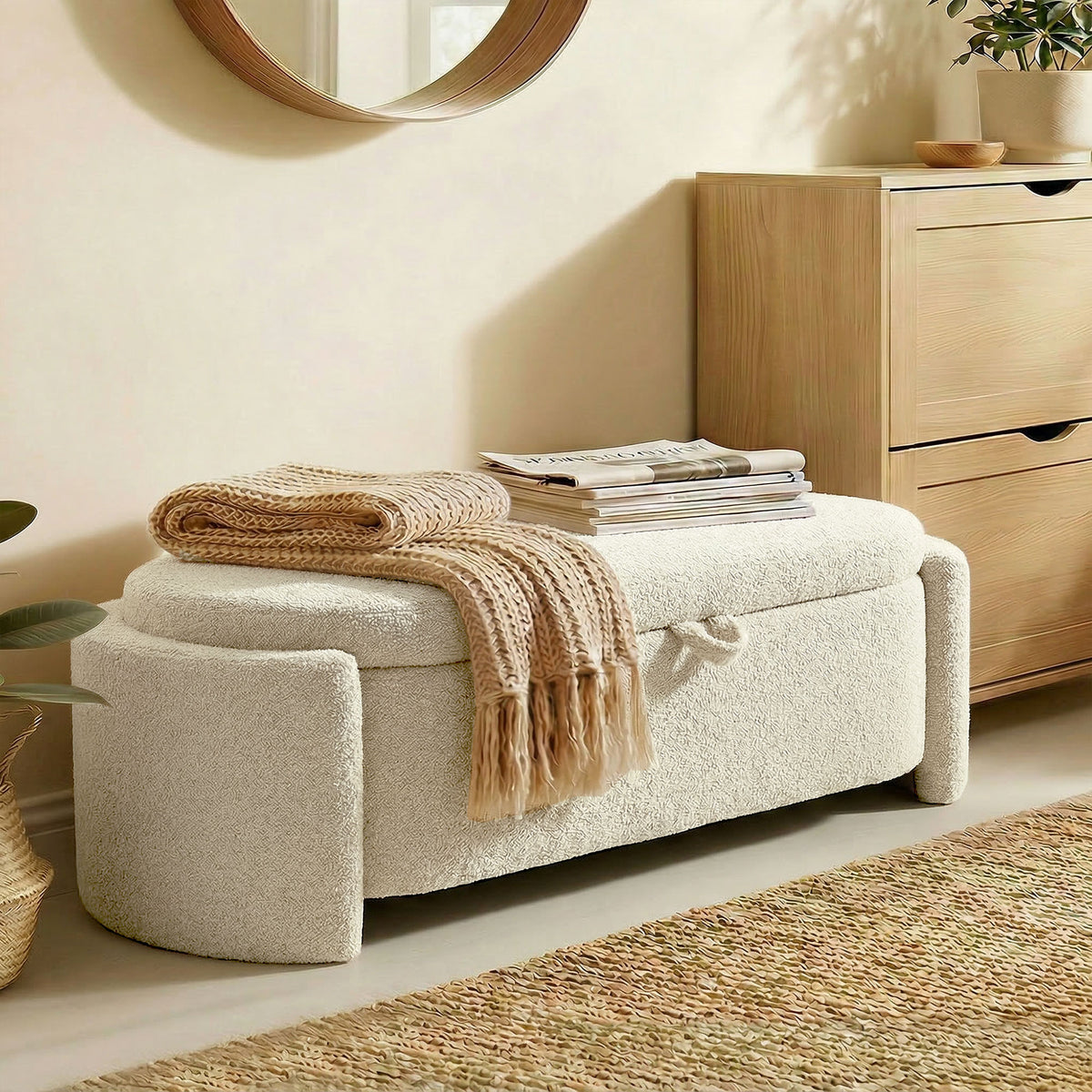 Banc coffre bout de lit en tissu Teddy crème – 129 cm-8