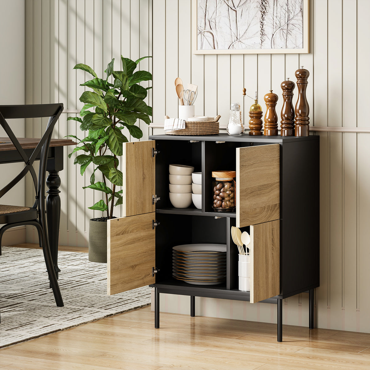 Buffet compact bois naturel et noir – 4 compartiments-8