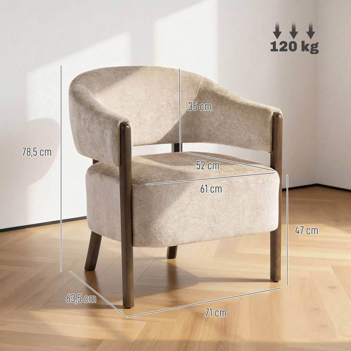Fauteuil de salon en chenille, chaise rembourrée, assise large, dossier ergonomique, accoudoirs, 71x63,5x78,5cm, beige-2