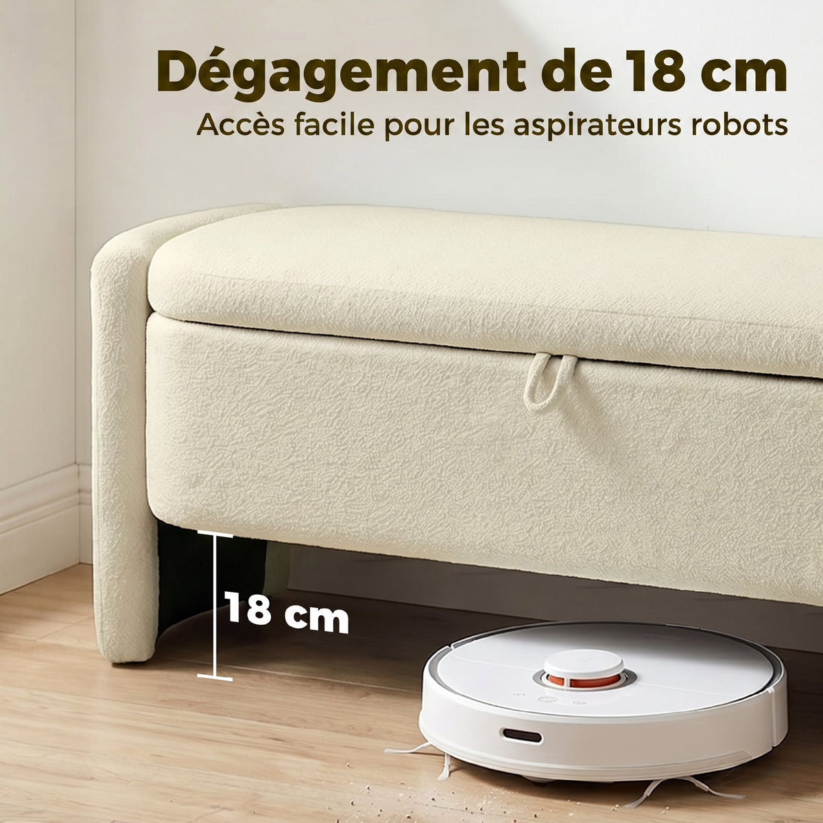 Banc coffre bout de lit en tissu bouclette crème-6