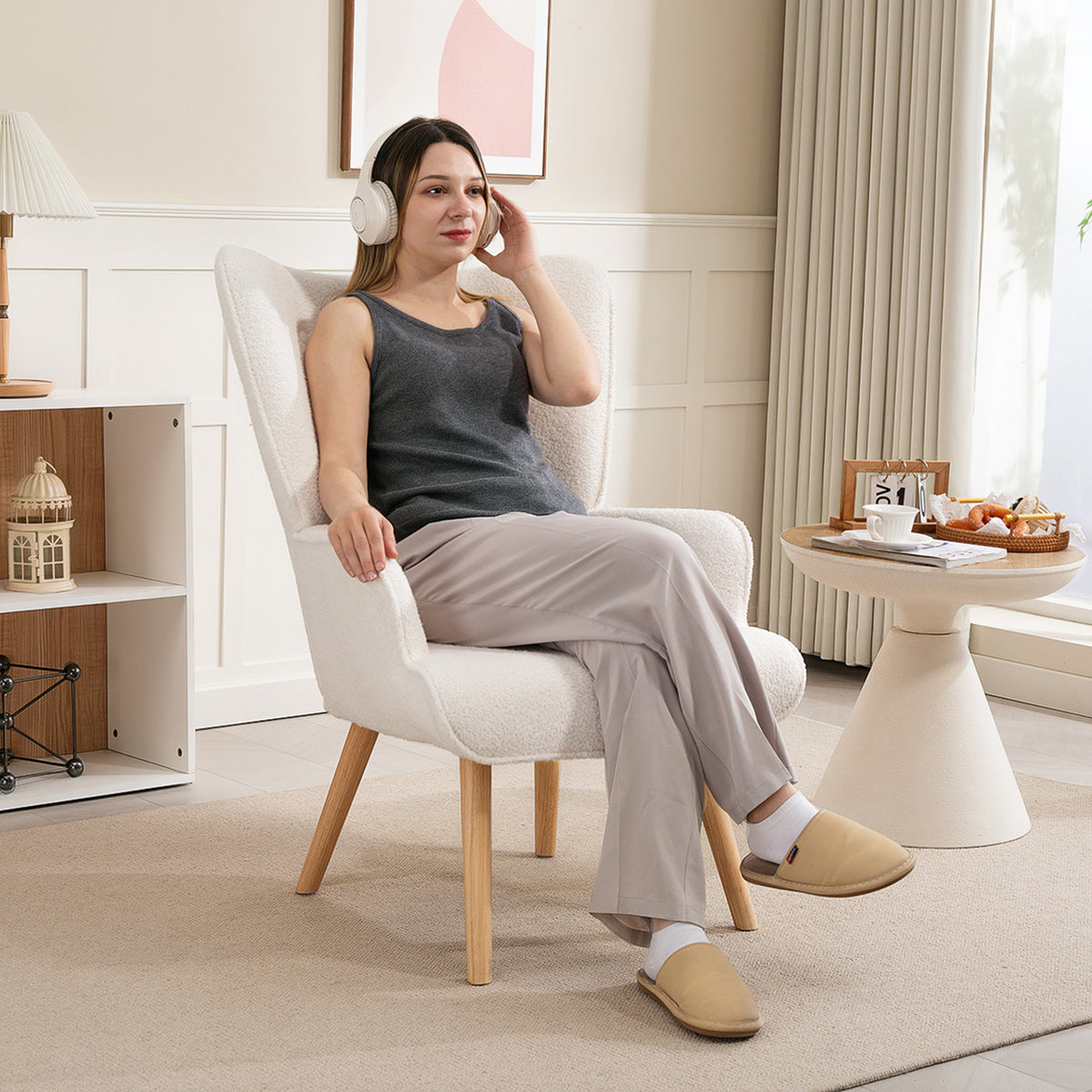Fauteuil bouclette capitonné blanc crème – Isla