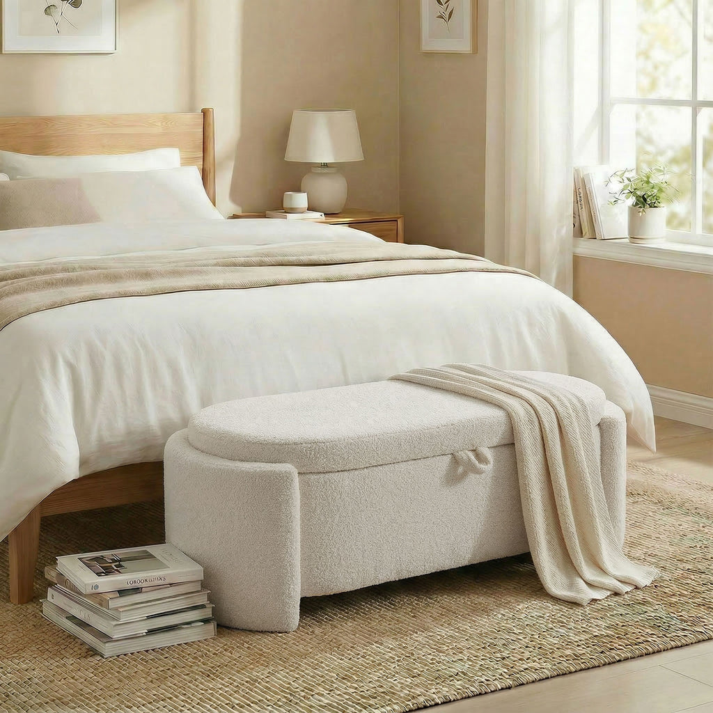 Banc coffre bout de lit en tissu Teddy crème – 129 cm-1