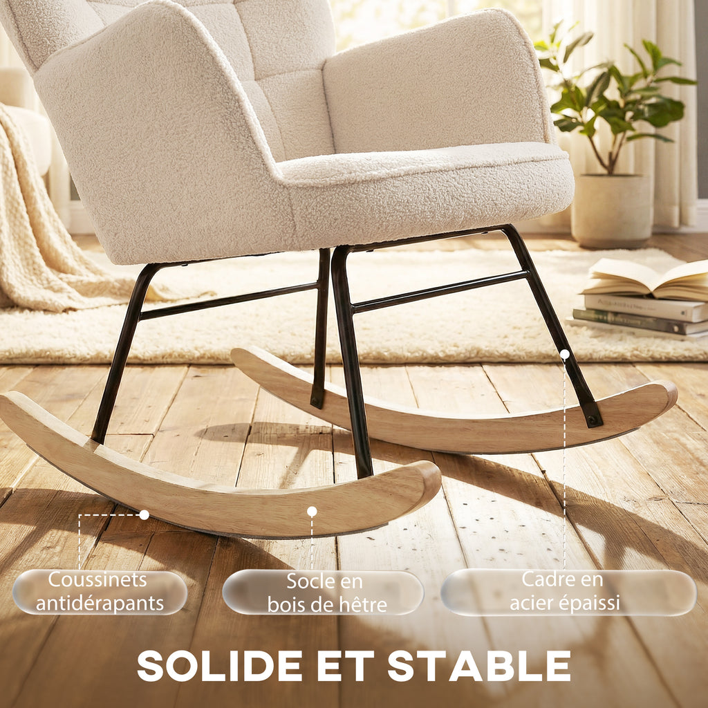 Fauteuil à bascule rocking chair revêtement effet laine bouclée, structure en acier 71 x 98 x 101 cm beige-7