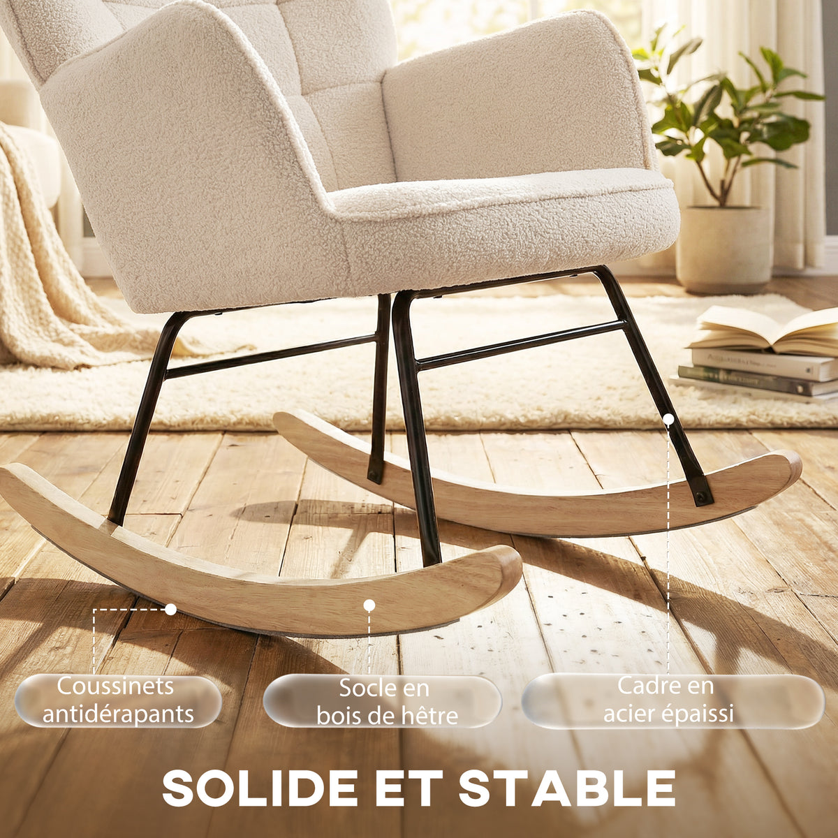 Fauteuil à bascule rocking chair revêtement effet laine bouclée, structure en acier 71 x 98 x 101 cm beige-7
