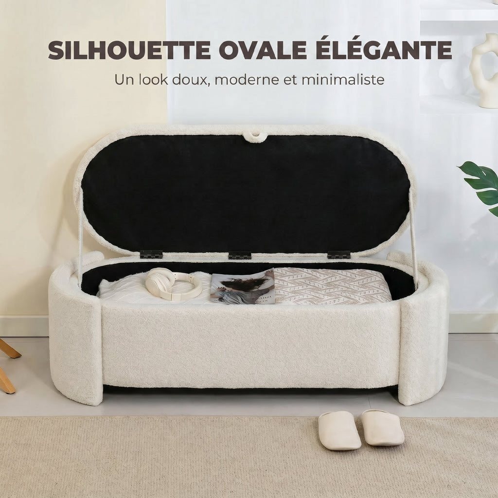 Banc coffre bout de lit en tissu Teddy crème – 129 cm-5