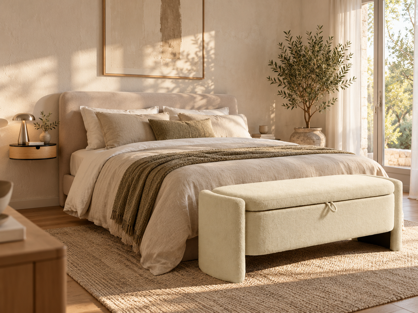 Chambre chaleureuse avec la table de chevet Nora et le banc coffre Naya