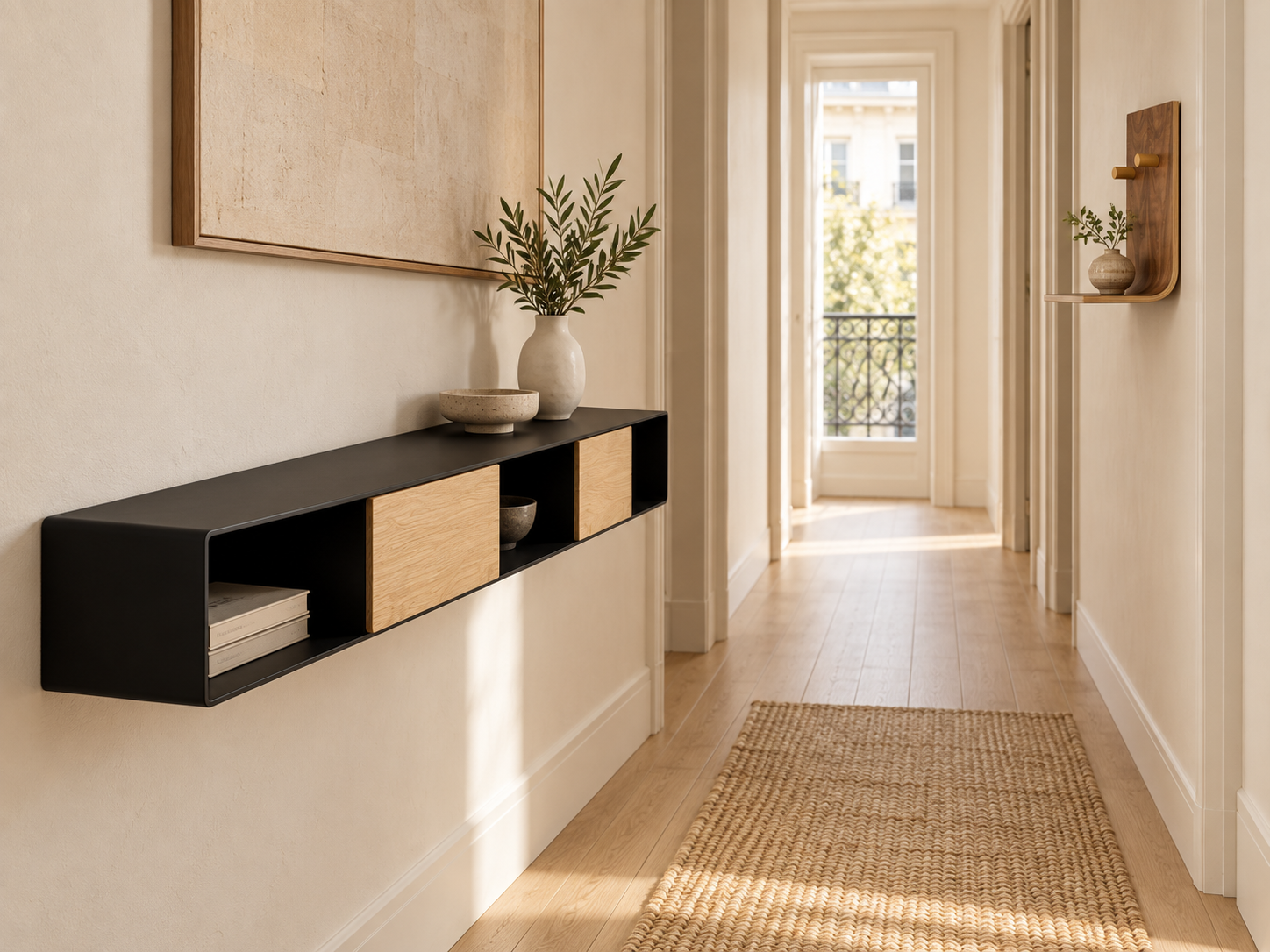Couloir lumineux aménagé avec une console murale RIVA et une étagère BRERA